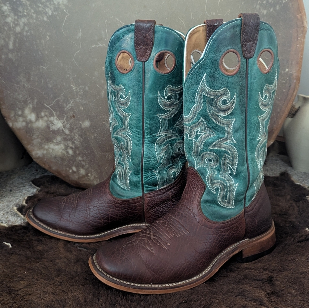 BOULET #6320 ladies teal & brown leather cowboy western boots square toe sz9 euc